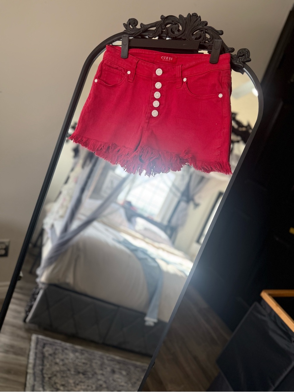 GUESS Vibrant Red High-Waist Button-Front Denim Shorts